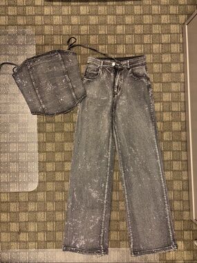 Black denim diamond -Embellished Wide-Leg Jeans